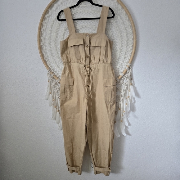 ZARA Poplin Cargo Overall Jumpsuit Tan Color Size Medium - Picture 6 of 13